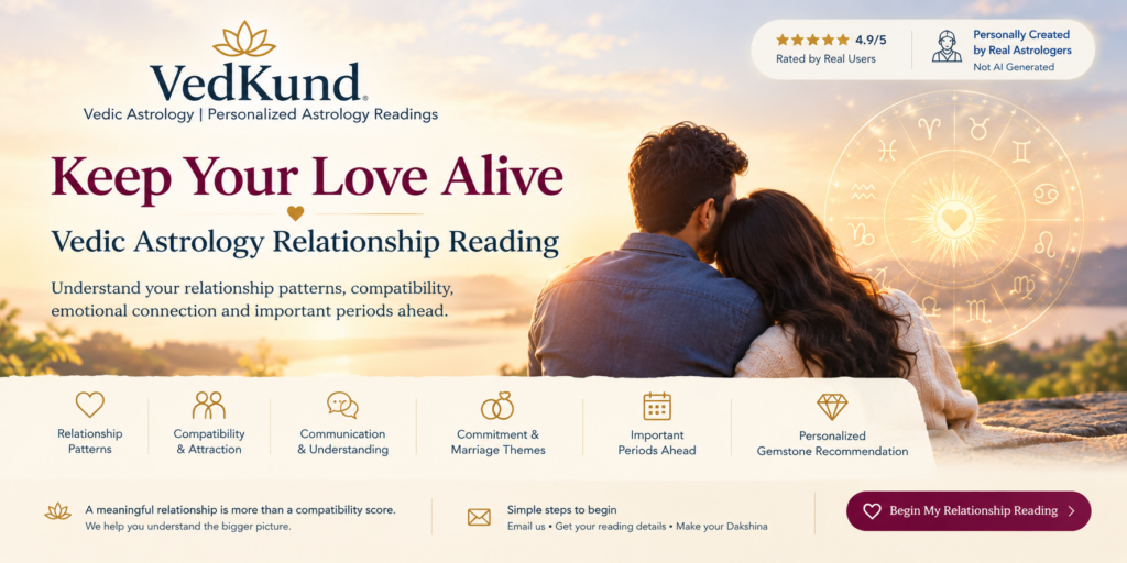This personalized Vedic Astrology reading explores your relationship patterns, compatibility, emotional connection and important periods ahead to help you understand your love life with greater clarity.